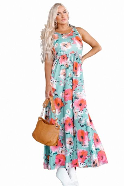 

sky blue boho print sleeveless high waist long floral dress c5es#, Black;pink