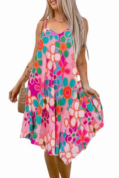 

pink floral print spaghetti straps flowy midi dress a4uk#, Black;pink