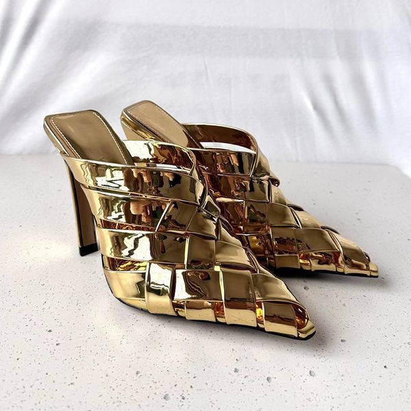 

genuine leather woven high slippers mules women's pumps evening shoes luxury designers high heeled shoes factory footwear 35-40 with bo, Black