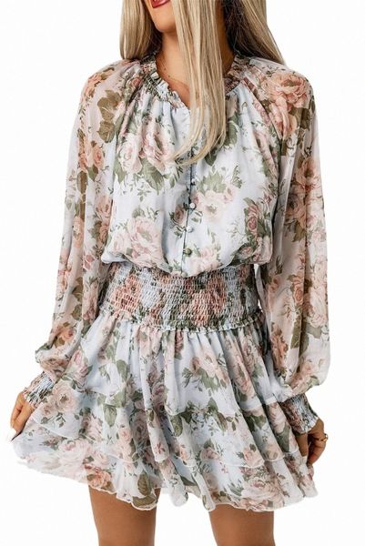 

green floral print tiered ruffled shirred high waist mini dress 04z5#, Black;pink