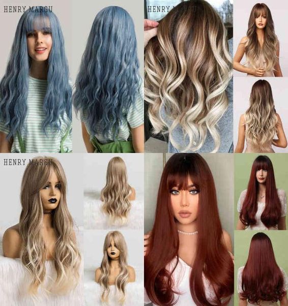 

hair henry margu long natural wavy platinum blonde with bangs cosplay party lolita synthetic for women heat resistant fiber 2203014870197, Black;brown