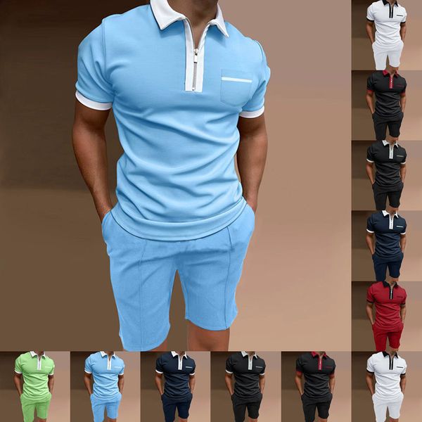 

mens tracksuits summer sportswear suit shortsleeved polo shirt and sports shorts spliced solid color casual tshirt 2piece set 230516, Gray