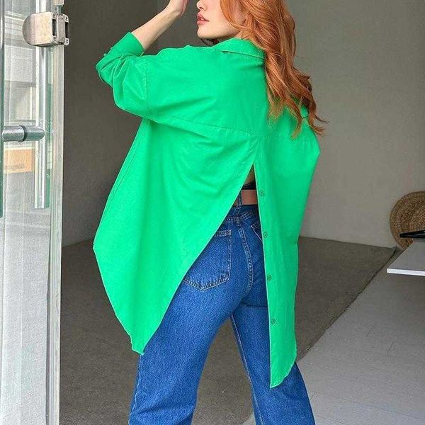 

shirt womens solid color personalized street long sleeve back slit loose, White