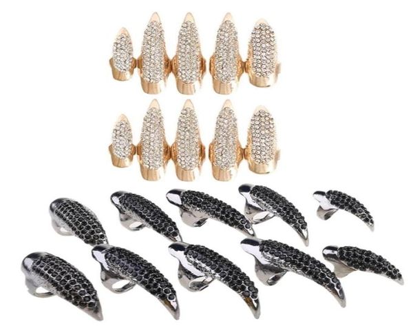 

10 pcsset gothic punk 3 sizes crystal full finger rings paved paw bend fingertip fingernail claw girls women men 2012188588276, Golden;silver