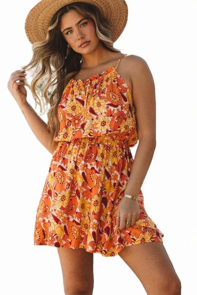 

orange lace up neck floral sundress 2023 new l82k#, Black;pink