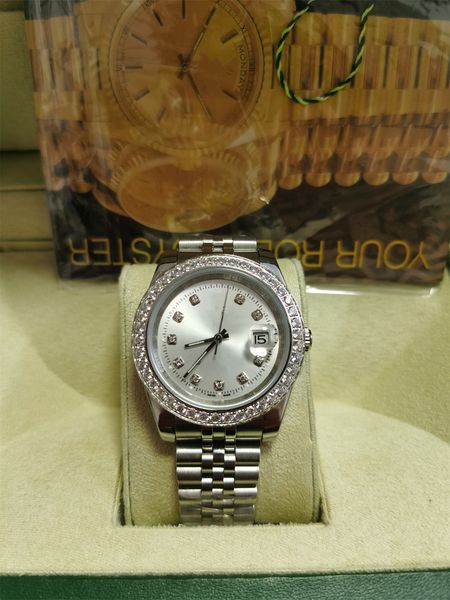 

with original box luxury watches 41mm mens 18k white dial bigger diamond automatic fashion brand men's watch wristwatch 2813, Slivery;brown