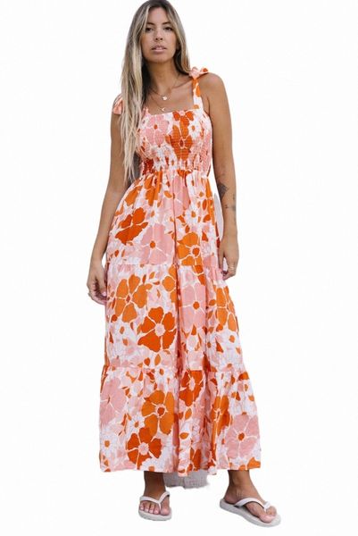 

orange shirred lace-up strap sleeveless floral maxi dress w1pu#, Black;pink