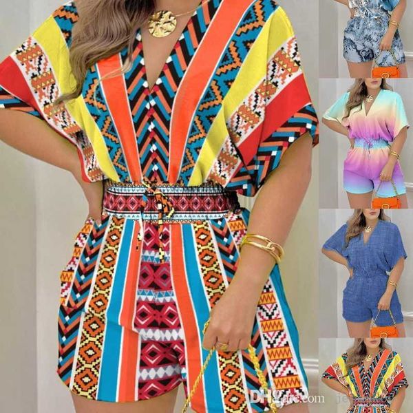 

designer plus sizes women jumpsuits 2023 summer new loose casual printed rompers fashion v-neck bodysuit s-3xl, Black;white