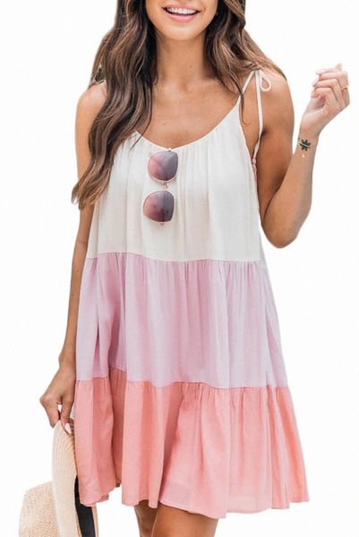 

pink color block tassel drawstring lace-up sleeveless mini dress o6sd#, Black;pink