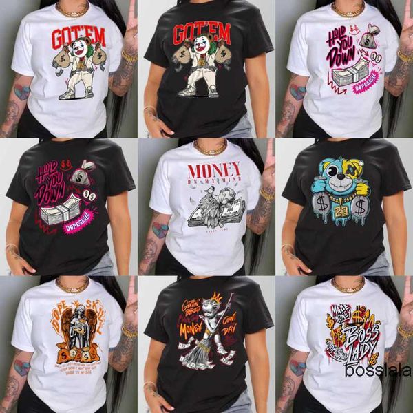 

womens clothing designer t shirt 2023 new ladies loose round neck short sleeve tee money series cartoon print tees plus size 3xl 4xl 5xl, White