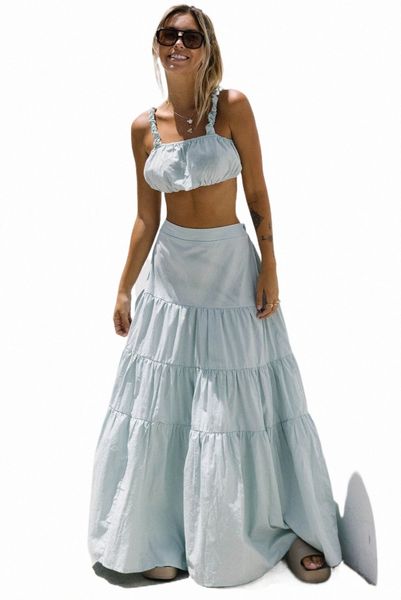 

sky blue 2pcs solid color crop tiered maxi skirt set u5vb#, Black;pink