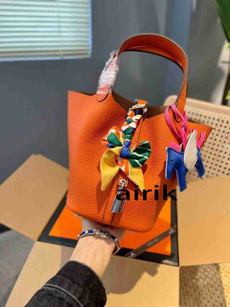 

designer original vegetable basket bags picotin lock female genuine leather 2023 first layer cowhide handbag large capacity bucket bag brand