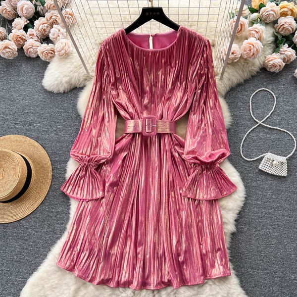

light luxury qianjin style dress summer metal petals long sleeve pleated design sweet cool high grade spicy girl dress, Black;gray