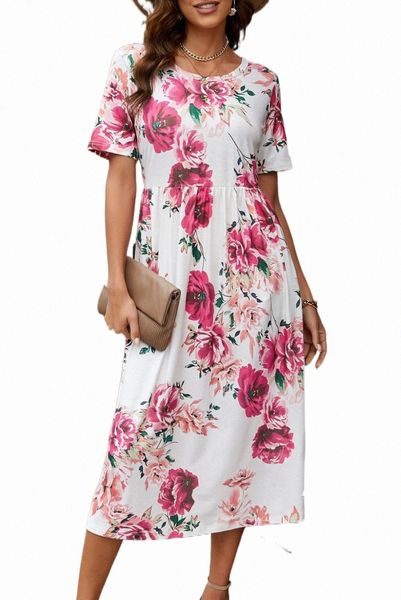 

short sleeve floral long dress with pockets 2023 new e67d#, Black;pink