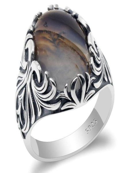 

925 sterling silver men039s ring with big natural agate stone vintage punk thai silver ring to husband turkish fine jewelry gif9773009, Golden;silver