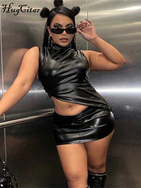 

rukas pu leather black turtleneck zip up crop tank skirt 2 pcs sets 2023 summer women festival streetwear casual, White