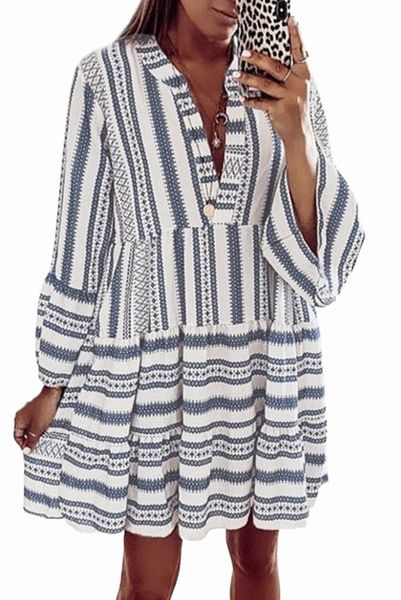 

sky blue geometric print v neck ruffle swing mini dress k5cl#, Black;pink