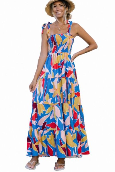 

blue boho print tie straps smocked maxi dress s9jx#, Black;pink