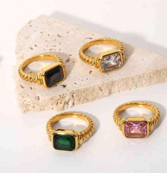 

luxury style pvd gold stainls steel rectangular big gemstone emerald pink quartz zircon ring croissant spiral ring3784090