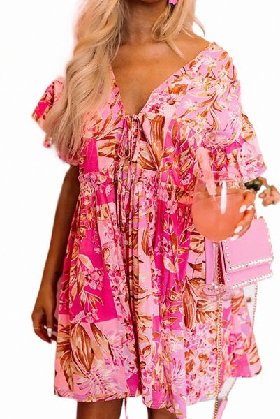 

pink tie knot open back v neck floral dress 2023 new q3j1#, Black;pink