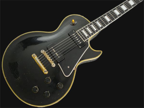 

custom 1958 reissue p90 pickup black beauty electric guitar ebony fingerboard, yellow 5 ply binding, black pickguard, white pearl block inla