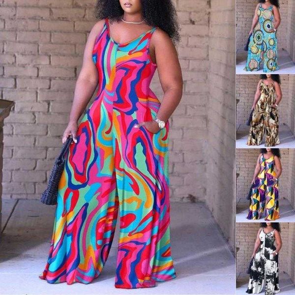 

womens spaghetti strap floral print jumpsuit loose plus size women, Black;white