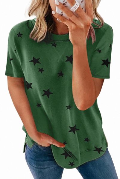 

green star print crew neck t-shirt 2023 new 578c#, White