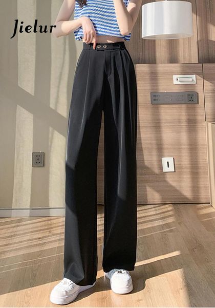 

capris jielur korean wide leg suit pants women casual loose high waist thin women's pants summer buttons apricot black trousers, Black;white