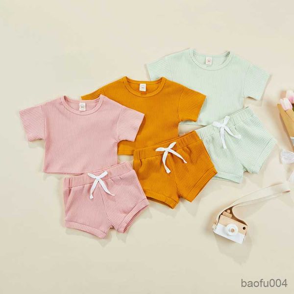 

clothing sets 0-3y girls summer cotton clothing sets 2pcs toddler kids boys solid knitted short sleeve t-shirtsandshorts casual outfits r230, White