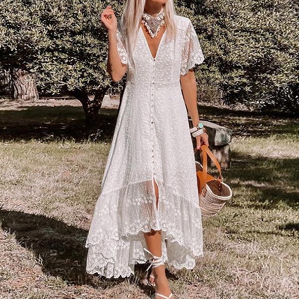 

dresses v neck button embroidery lace dress women spring single breasted button irregular dress summer short sleeve slit long dress, Black;gray