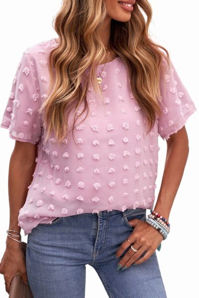 

pink swiss dot texture short sleeve 2023 new o2mo#, White