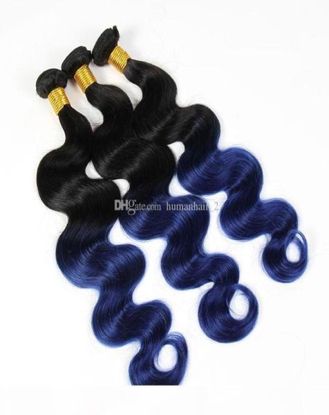 

two tone 1b blue ombre 100g pcs brazilian body wave human virgin hair 3 bundles 100 human hair black and blue ombre extensions1152323, Black;brown