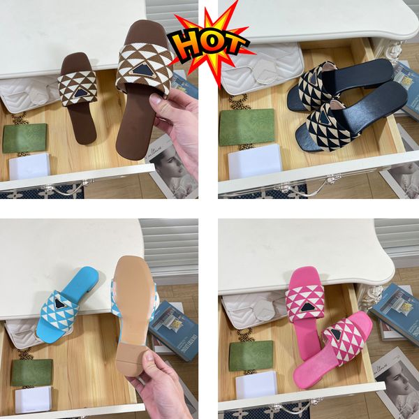

2023 fashion sandals designer luxury slippers raffia embroidered flat mules black pink pine green sky blue fuchsia summer women slipper beac