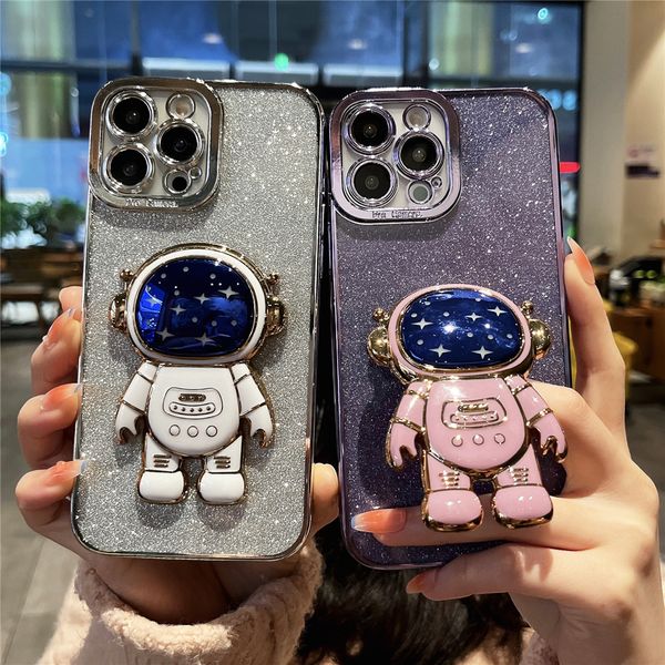 

iphone 14 pro max luxury square plating flash glitter star astronaut holder phone case on 11 12 13 mini cover