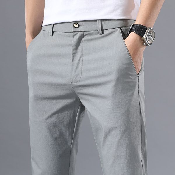 

men's pants thin solid color smart casual business fit body stretch trousers men cotton formal breathable 230517, Black