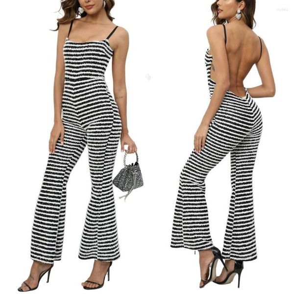 

jumpsuits black women's and white striped knitted flare backless one pieces baddie outfits fashion women trending long pants, Black;white