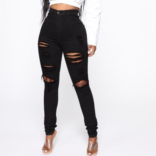

jeans female black pencil pants fashion high waist elasticity slim skinny women knee hole tassel streetwear classic denim legging 2022, Blue