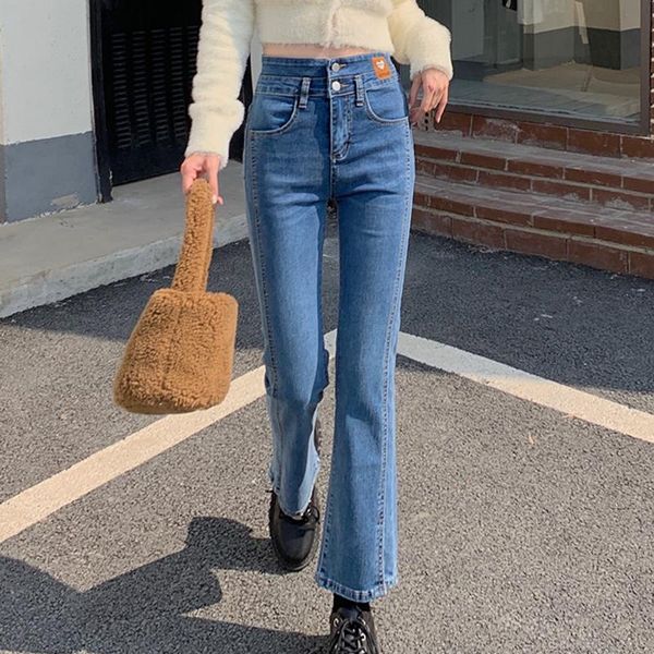 

jeans solid slit women's double button flare jeans fashion high waist slim straight pants casual stretch ladies trousers 2022, Blue