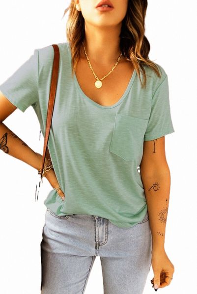 

green solid pocket front scoop neck short sleeve t-shirt j1jv#, White