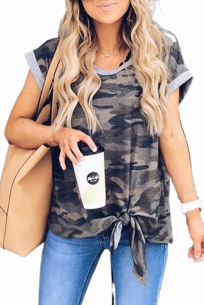 

gray camo print knotted hem t-shirt 2023 new o4on#, White
