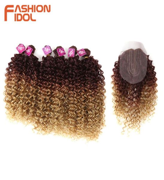 

fashion idol afro kinky curly hair extensions 1620 inch synthetic hair bundles lace with closure weave fake hair 2202167847669, Black;brown