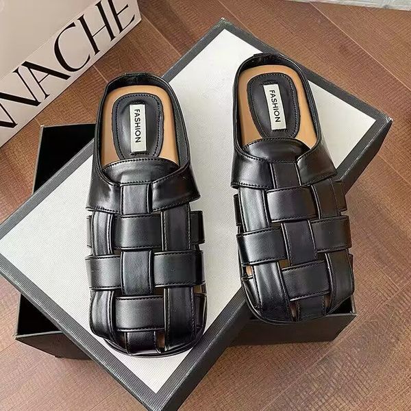 

summer flat slippers fashion all-match woven slippers retro personality leisure outdoor shopping play shoes, Black