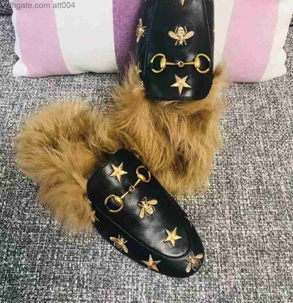 

2018 new women's fur slippers leather slippers designer fashion leather shoes metal chains women's casual hair t35-41''g, Black