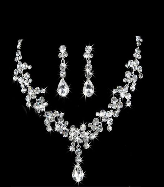 

elegant bridal wedding jewelry set waterdrop women girls prom rhinestone crystal necklace and earring set for party5850011, Silver