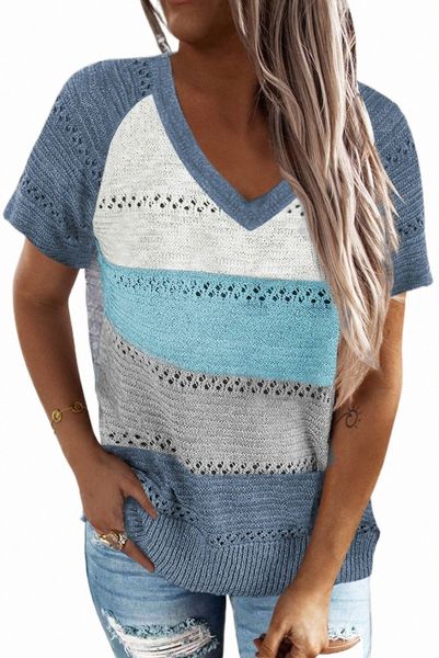 

sky blue stripe print knitted v neck 2023 new e8sg#, White