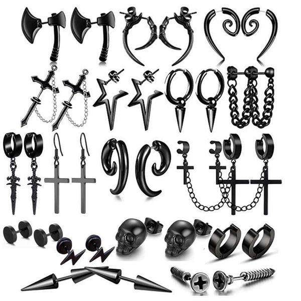 

stud wkoud 1 pairs stainless steel punk black dangle earrings for men cross skull screw cone huggie hoop long chain piercing hoop z0517, Golden;silver