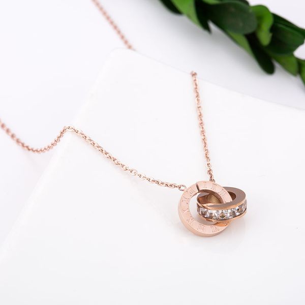 

Rose Gold Plated Double Circle Pendant Necklace Square Zircon Jewelry for Women Gift