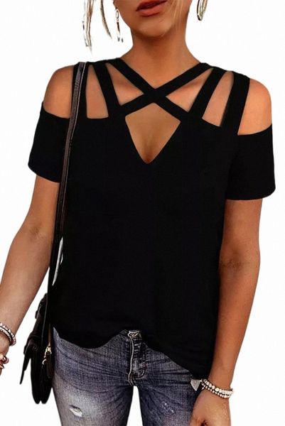 

black criss-cross cut out short sleeve 2023 new m2gy#, White