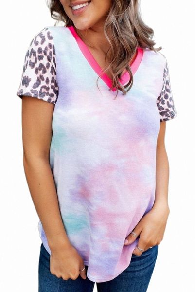 

multicolor leopard sleeve contrast v neck tie-dye tee d2mm#, White