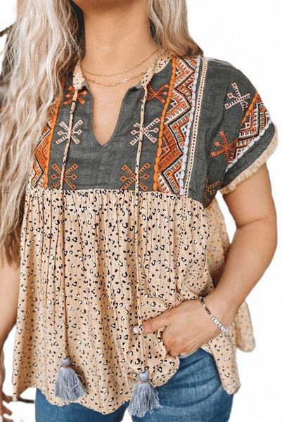 

khaki geometric leopard patchwork short sleeve 16bp#, White